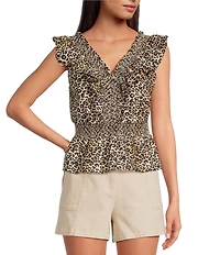 Skies Are Blue Leopard Poplin V-Neck Ruffle Cap Sleeve Smocked Peplum Top