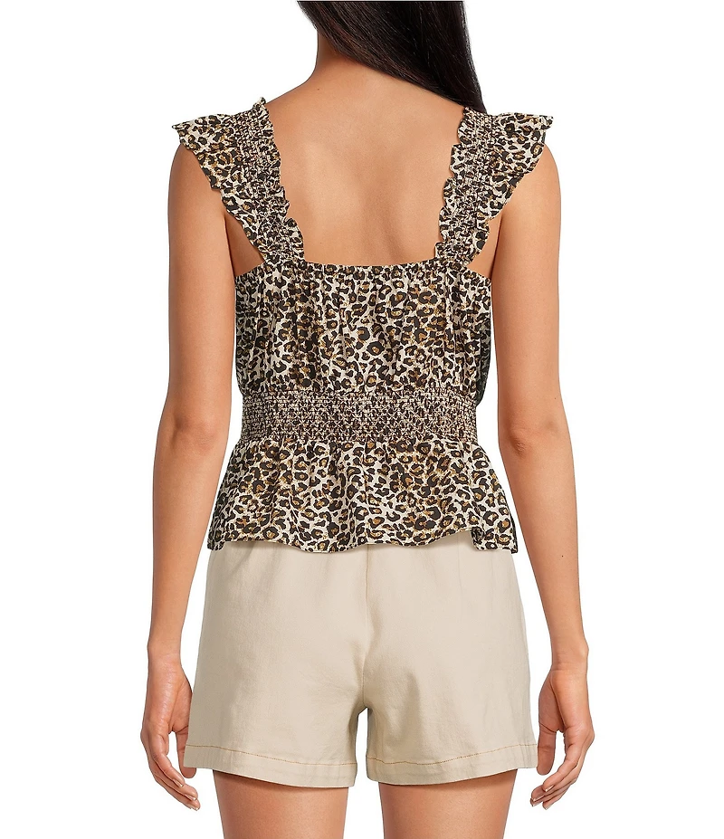 Skies Are Blue Leopard Poplin V-Neck Ruffle Cap Sleeve Smocked Peplum Top