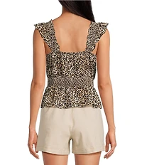 Skies Are Blue Leopard Poplin V-Neck Ruffle Cap Sleeve Smocked Peplum Top