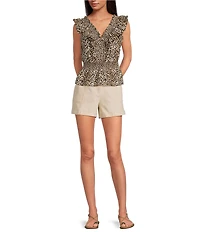 Skies Are Blue Leopard Poplin V-Neck Ruffle Cap Sleeve Smocked Peplum Top