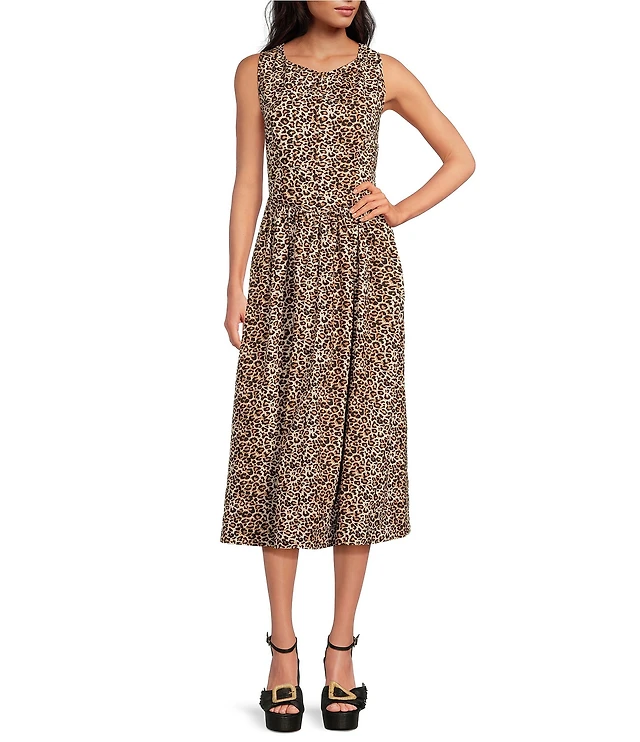 Skies Are Blue Leopard Print Poplin Crew Neck Sleeveless Drop Waist Midi Dress at Hamilton Place in Chattanooga, TN Skies Are Blue Leopard Print Poplin Crew Neck Sleeveless Drop Waist Midi Dress at Hamilton Place in Chattanooga, TN