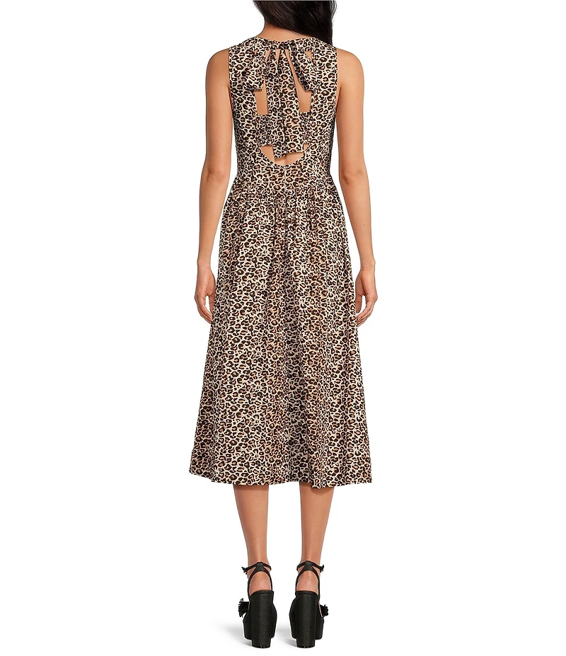 Skies Are Blue Leopard Print Poplin Crew Neck Sleeveless Drop Waist Midi Dress