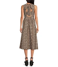 Skies Are Blue Leopard Print Poplin Crew Neck Sleeveless Drop Waist Midi Dress