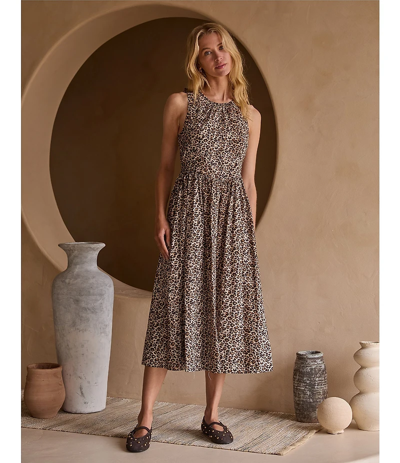 Skies Are Blue Leopard Print Poplin Crew Neck Sleeveless Drop Waist Midi Dress