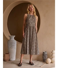Skies Are Blue Leopard Print Poplin Crew Neck Sleeveless Drop Waist Midi Dress