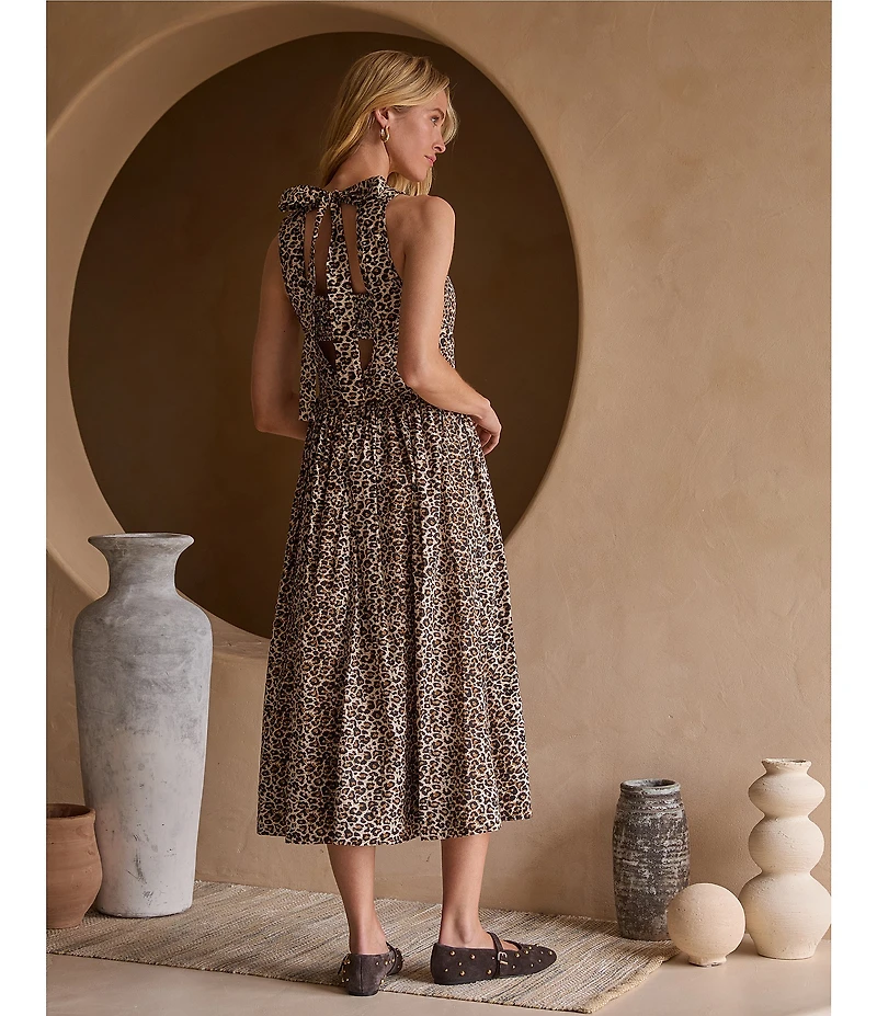 Skies Are Blue Leopard Print Poplin Crew Neck Sleeveless Drop Waist Midi Dress