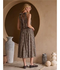 Skies Are Blue Leopard Print Poplin Crew Neck Sleeveless Drop Waist Midi Dress