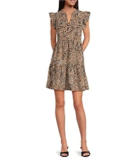 Skies Are Blue Leopard Print Split V-Neck Ruffle Cap Sleeves Shift Mini Dress