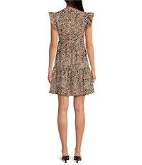 Skies Are Blue Leopard Print Split V-Neck Ruffle Cap Sleeves Shift Mini Dress