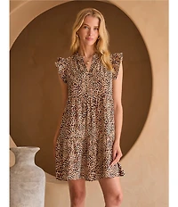 Skies Are Blue Leopard Print Split V-Neck Ruffle Cap Sleeves Shift Mini Dress