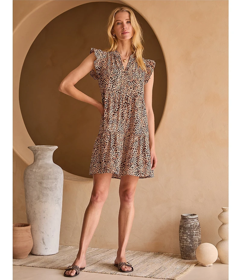Skies Are Blue Leopard Print Split V-Neck Ruffle Cap Sleeves Shift Mini Dress