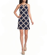 Skies Are Blue Mecrame Diamond Embroidery Halter Neck Sleeveless Mini Shift Dress