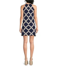 Skies Are Blue Mecrame Diamond Embroidery Halter Neck Sleeveless Mini Shift Dress