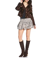 Skies Are Blue Metallic Jacquard Floral Bubble Hem Mini Skirt