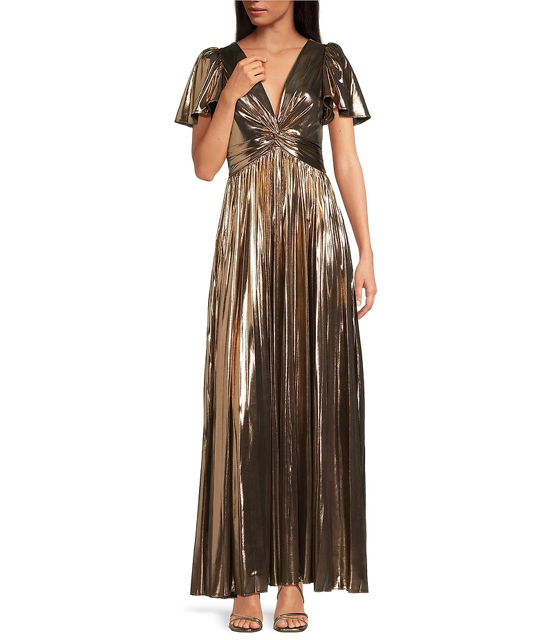 Skies Are Blue Metallic Shimmer Twist Front Pleaded V-Neck Short Sleeve Maxi Dress