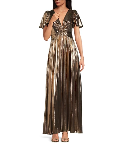 Skies Are Blue Metallic Shimmer Twist Front Pleaded V-Neck Short Sleeve Maxi Dress