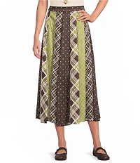 Skies Are Blue Mix Print High Waisted A-Line Flared Midi Skirt