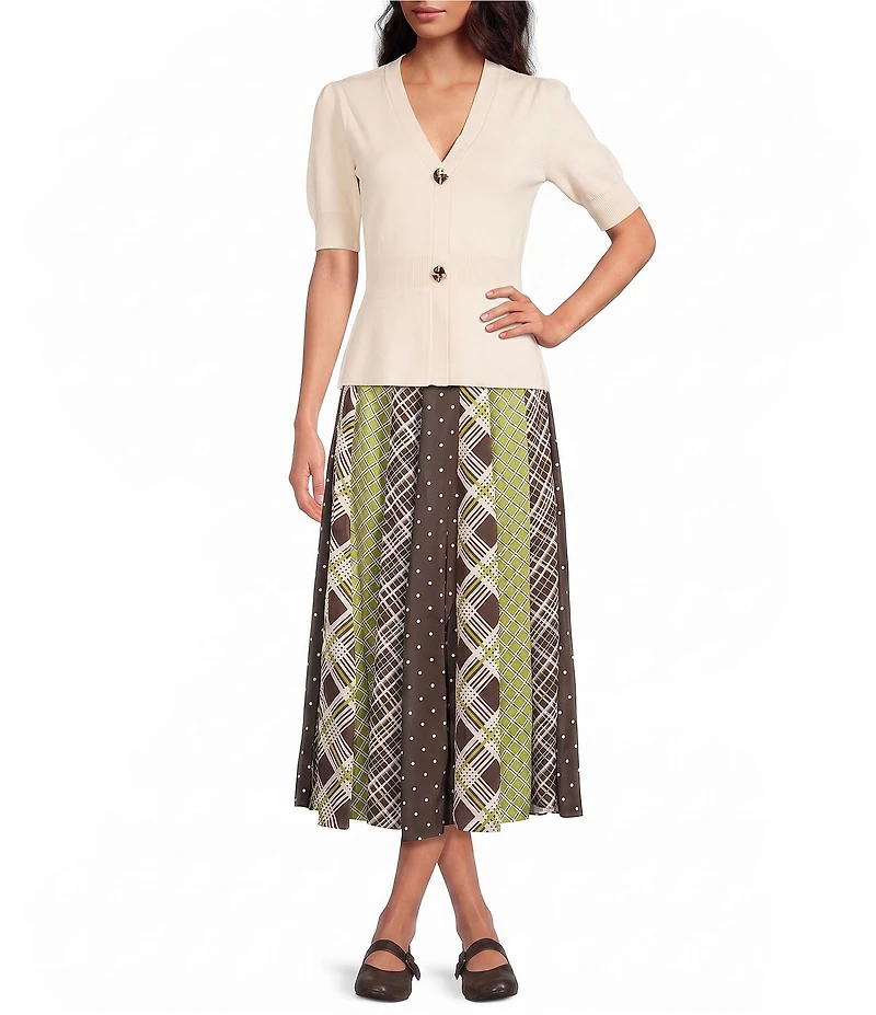 Skies Are Blue Mix Print High Waisted A-Line Flared Midi Skirt
