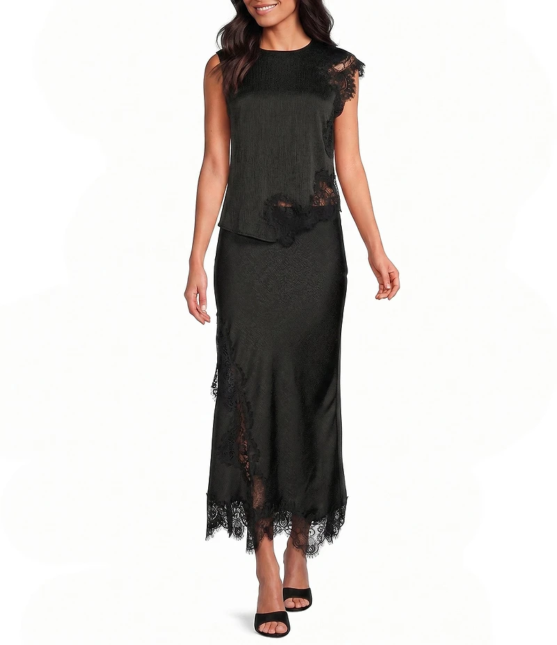 Skies Are Blue Mixed Lace Asymmetric Hem Coordinating Slip Midi Skirt