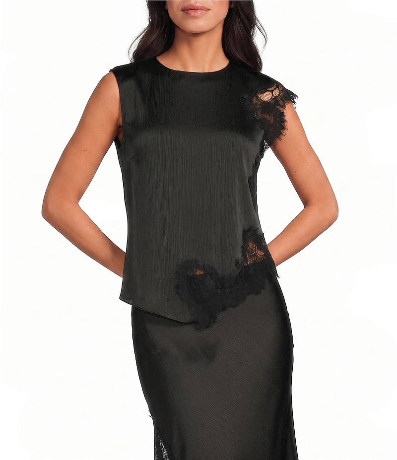 Skies Are Blue Mixed Lace Crew Neck Sleeveless Coordinating Satin Blouse Top