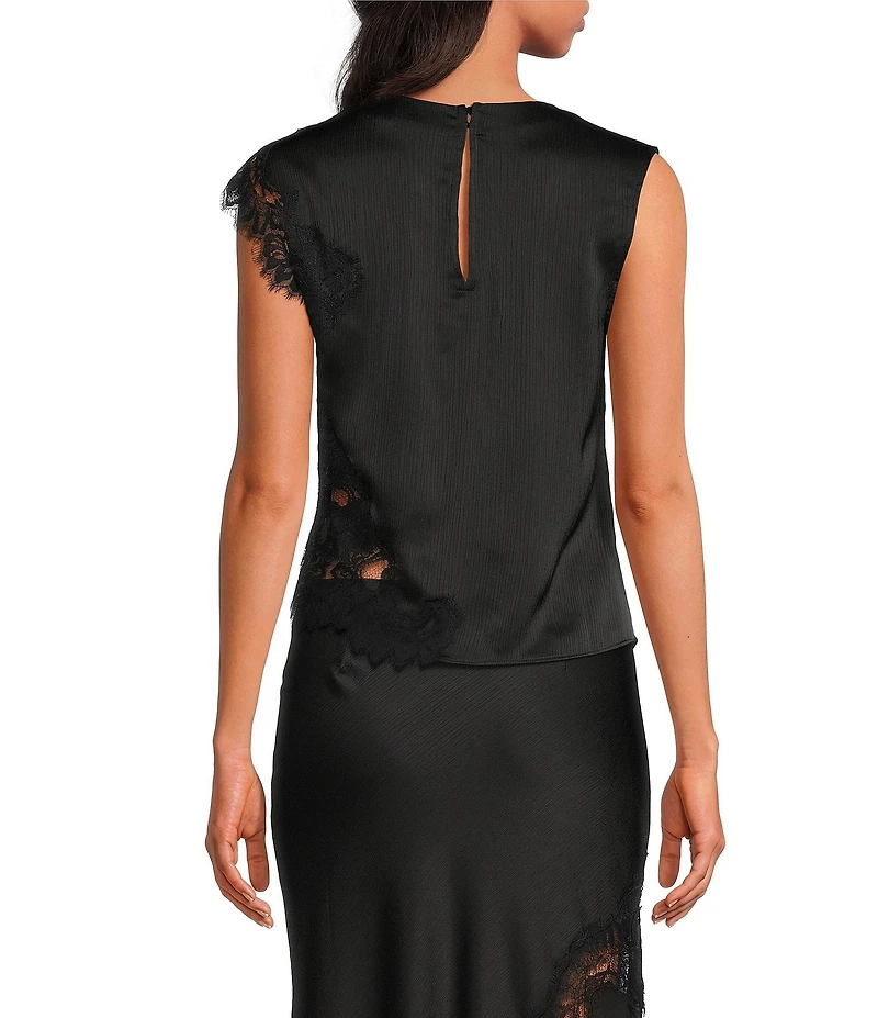 Skies Are Blue Mixed Lace Crew Neck Sleeveless Coordinating Satin Blouse Top