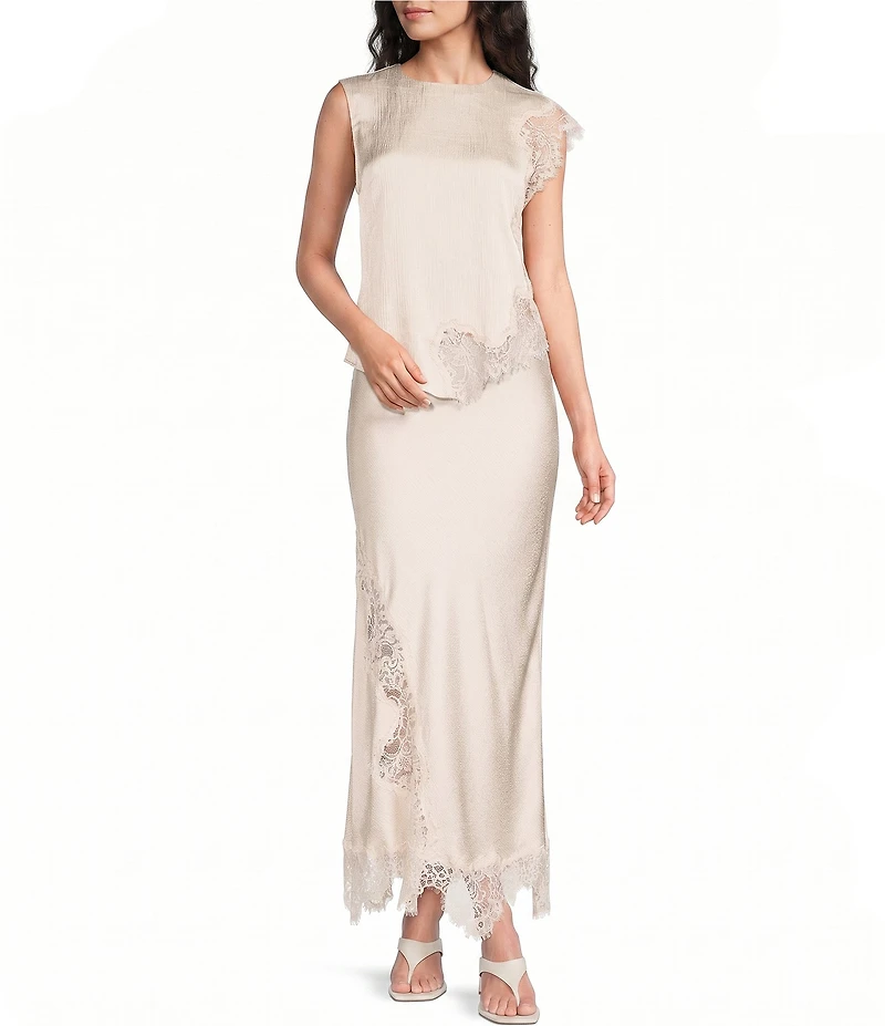Skies Are Blue Mixed Lace Crew Neck Sleeveless Coordinating Satin Blouse Top