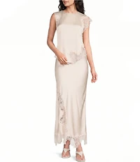 Skies Are Blue Mixed Lace Crew Neck Sleeveless Coordinating Satin Blouse Top