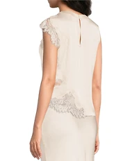 Skies Are Blue Mixed Lace Crew Neck Sleeveless Coordinating Satin Blouse Top
