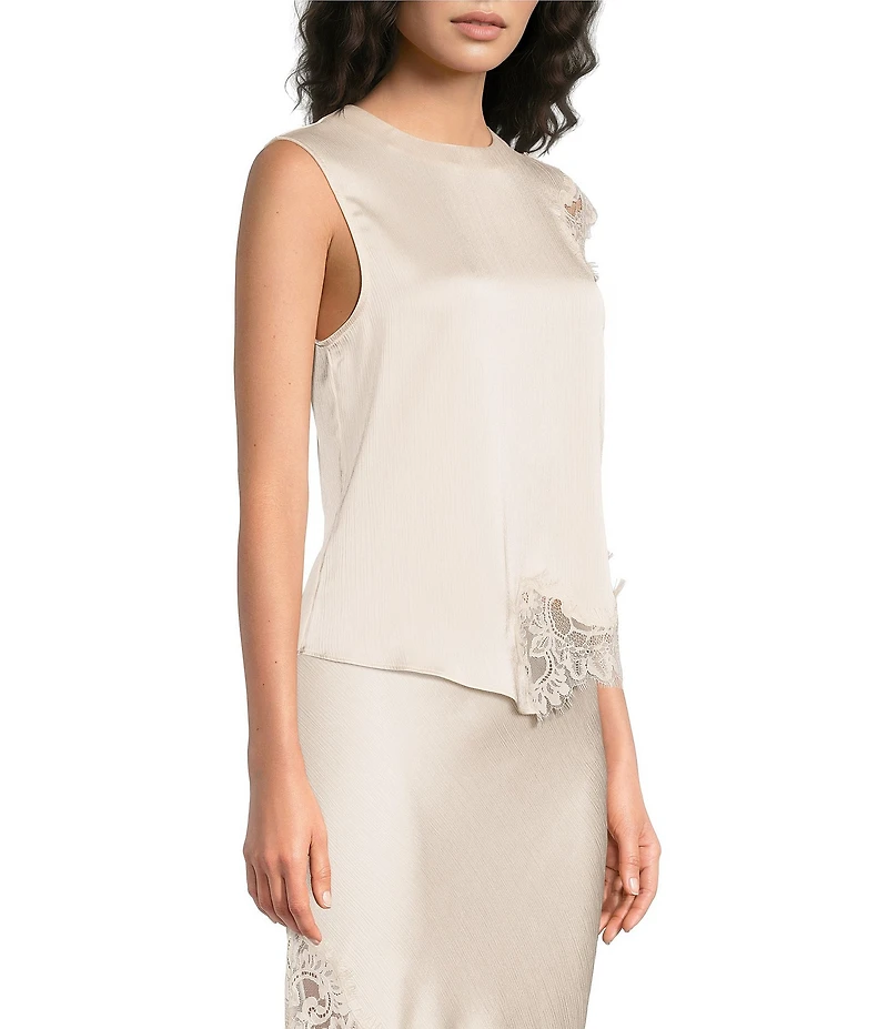 Skies Are Blue Mixed Lace Crew Neck Sleeveless Coordinating Satin Blouse Top