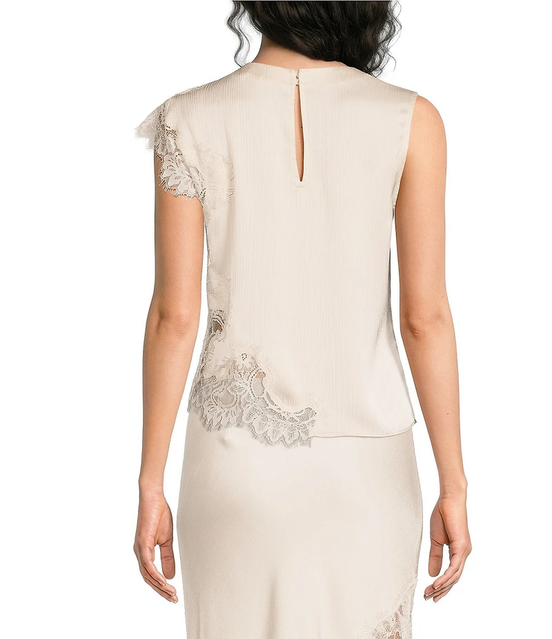 Skies Are Blue Mixed Lace Crew Neck Sleeveless Coordinating Satin Blouse Top