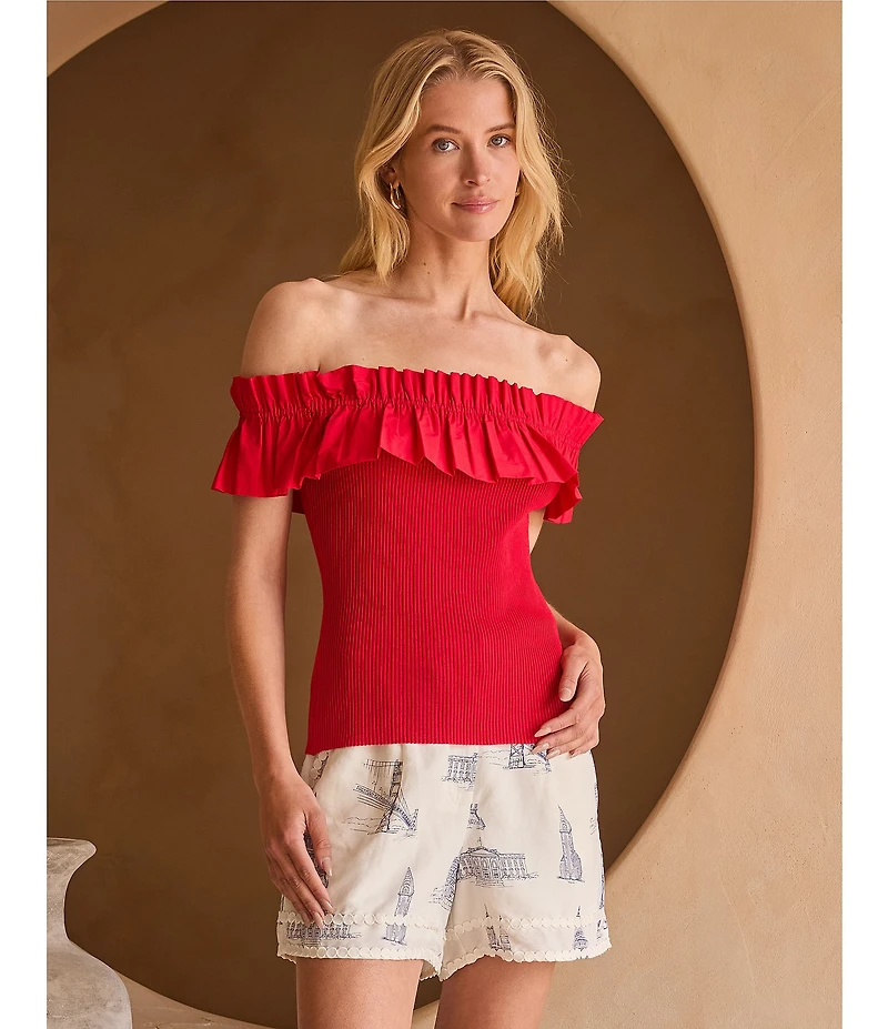 Skies Are Blue Mixed Media Off-The-Shoulder Ruffle Detail Top