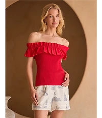 Skies Are Blue Mixed Media Off-The-Shoulder Ruffle Detail Top