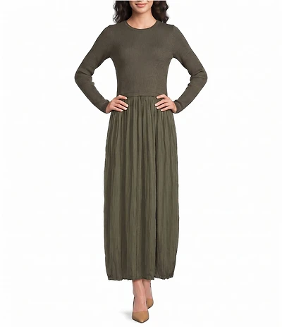 Skies Are Blue Mixed Media Round Neck Long Sleeve Midi Dress
