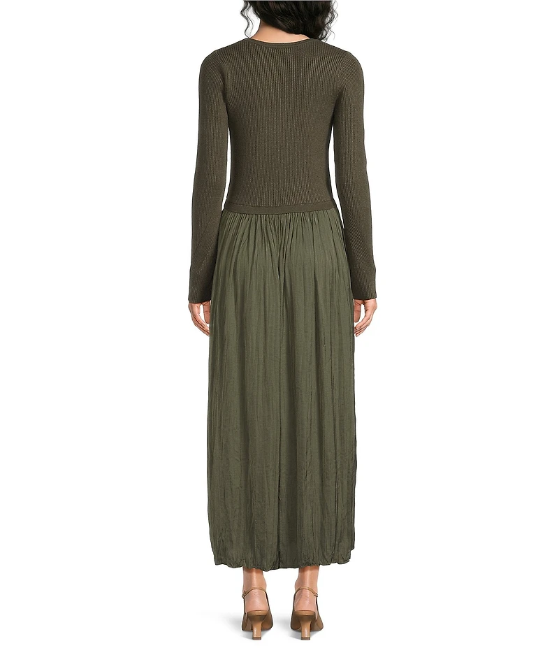 Skies Are Blue Mixed Media Round Neck Long Sleeve Midi Dress