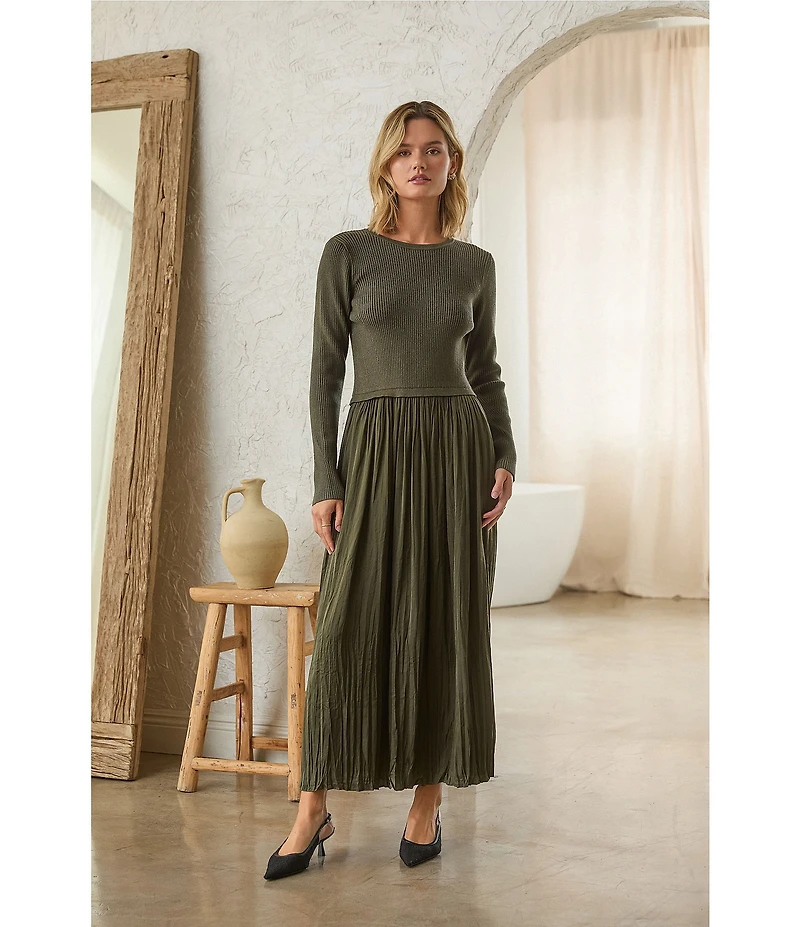 Skies Are Blue Mixed Media Round Neck Long Sleeve Midi Dress