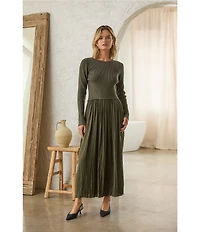 Skies Are Blue Mixed Media Round Neck Long Sleeve Midi Dress