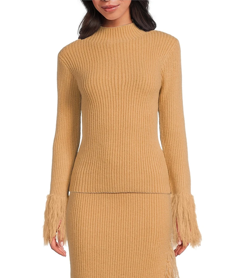 Skies Are Blue Mock Neck Long Sleeve Feather Fringe Sweater
