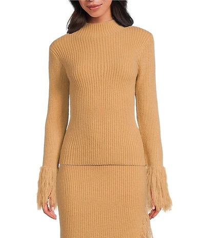 Skies Are Blue Mock Neck Long Sleeve Feather Fringe Sweater