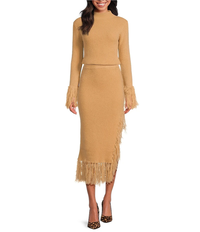 Skies Are Blue Mock Neck Long Sleeve Feather Fringe Sweater