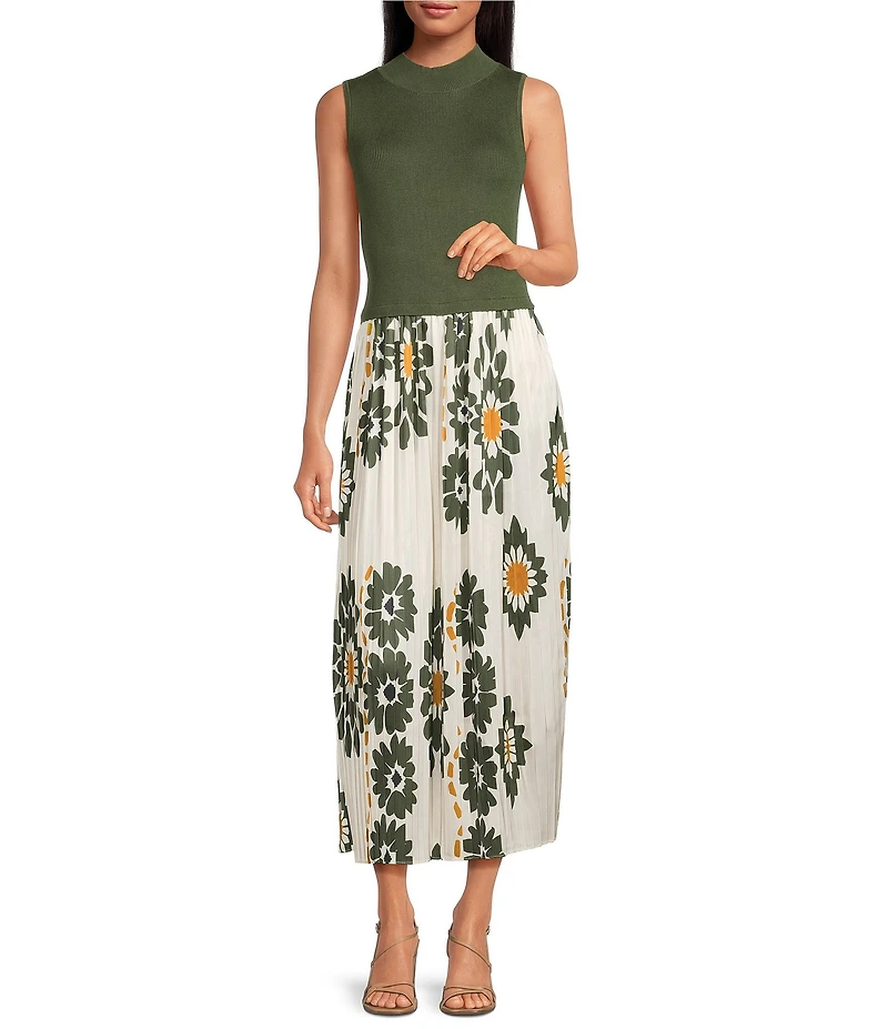 Skies Are Blue Mock Neck Sleeveless Pleated Floral Print Maxi Dress