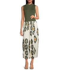Skies Are Blue Mock Neck Sleeveless Pleated Floral Print Maxi Dress