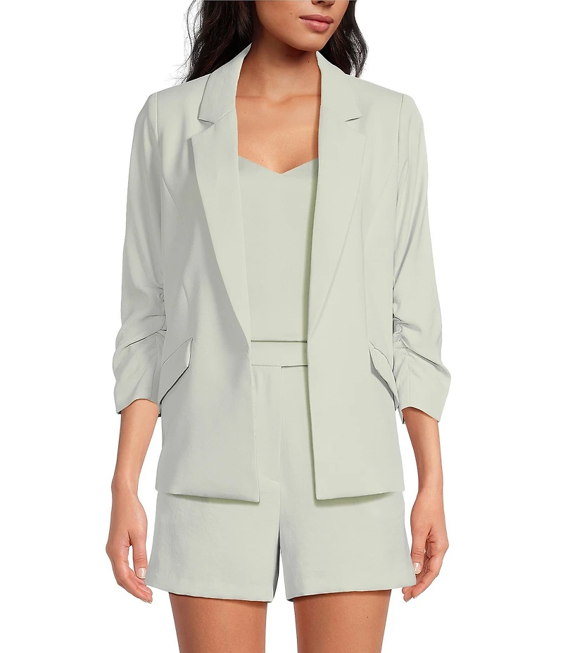 Skies Are Blue Notch Lapel Shirred 3/4 Sleeve Open Front Statement Blazer