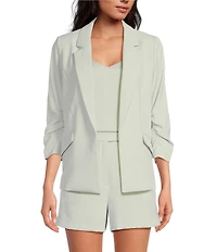 Skies Are Blue Notch Lapel Shirred 3/4 Sleeve Open Front Statement Blazer