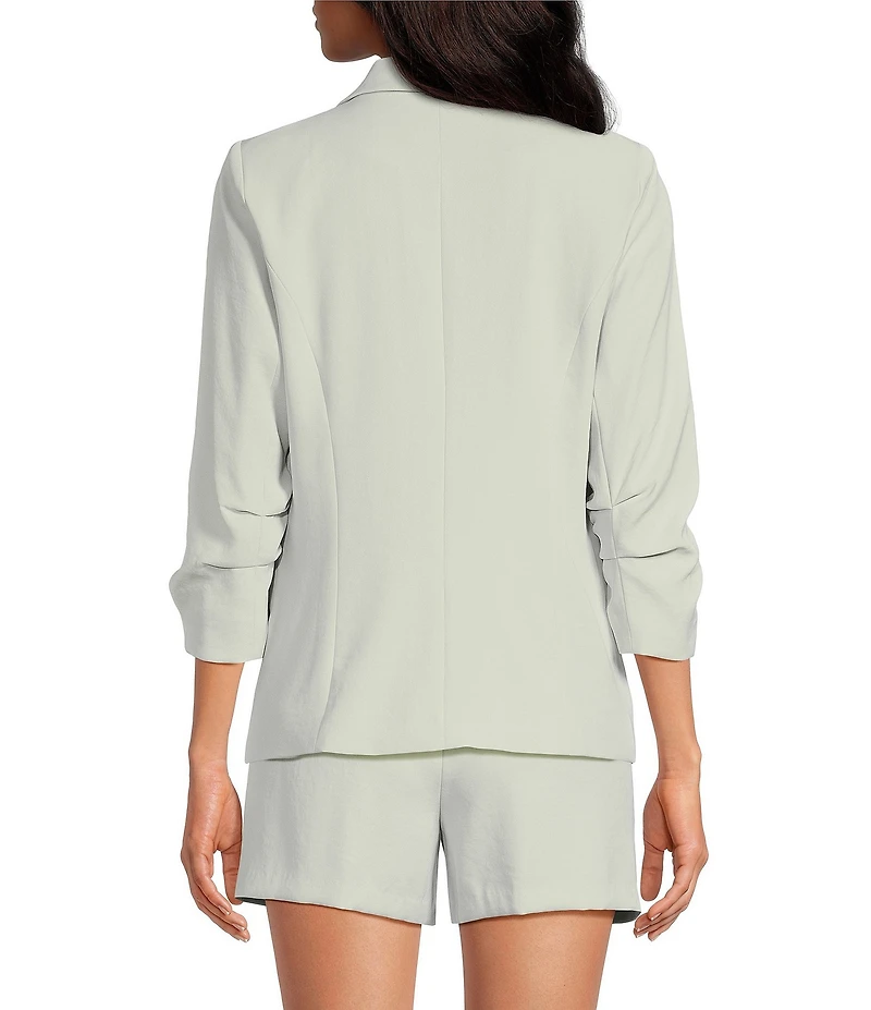 Skies Are Blue Notch Lapel Shirred 3/4 Sleeve Open Front Statement Blazer