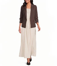 Skies Are Blue Notch Lapel Shirred 3/4 Sleeve Open Front Statement Blazer