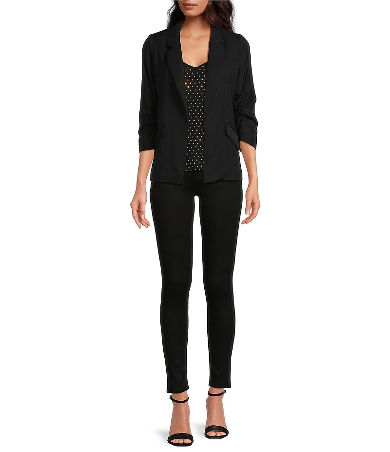 Skies Are Blue Notch Lapel Shirred 3/4 Sleeve Open Front Statement Blazer
