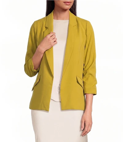 Skies Are Blue Notch Lapel Shirred 3/4 Sleeve Open Front Statement Blazer