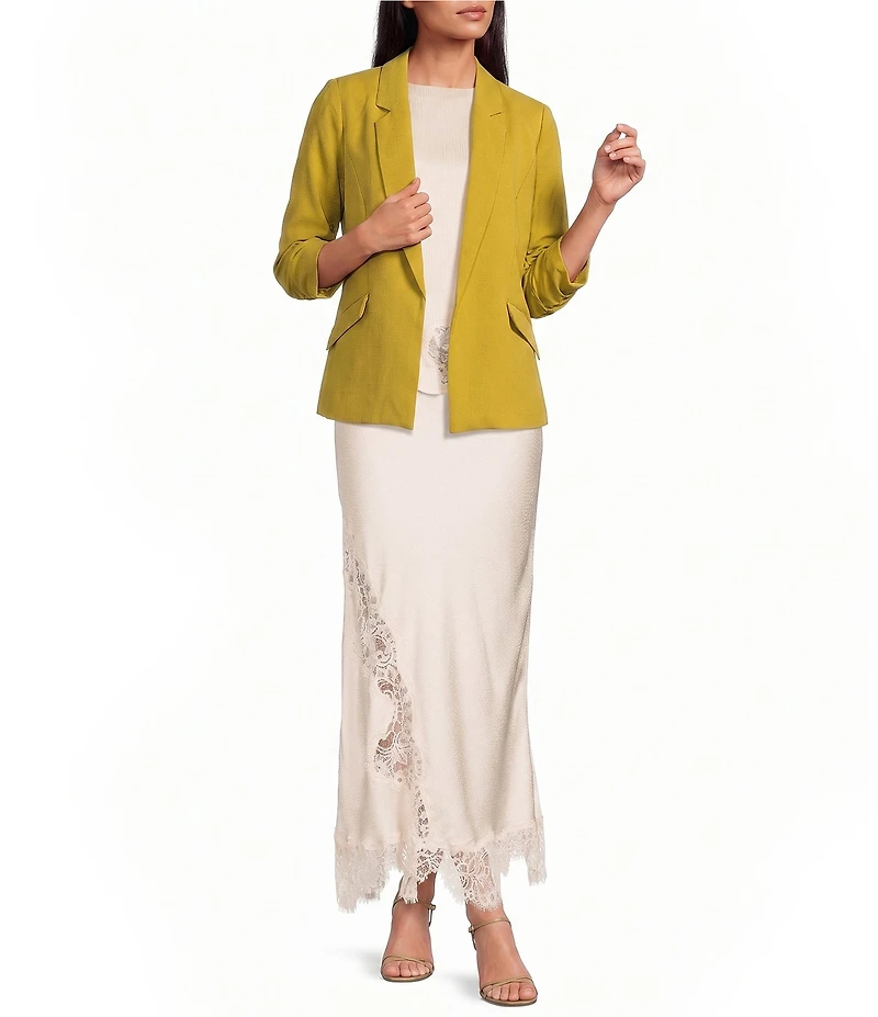 Skies Are Blue Notch Lapel Shirred 3/4 Sleeve Open Front Statement Blazer