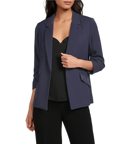 Skies Are Blue Notch Lapel Shirred 3/4 Sleeve Open Front Statement Blazer