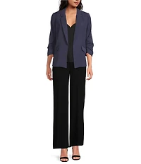 Skies Are Blue Notch Lapel Shirred 3/4 Sleeve Open Front Statement Blazer